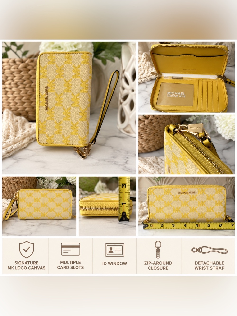 Michael Kors Yellow MK Monogram Zip-Around Wristlet Wallet
